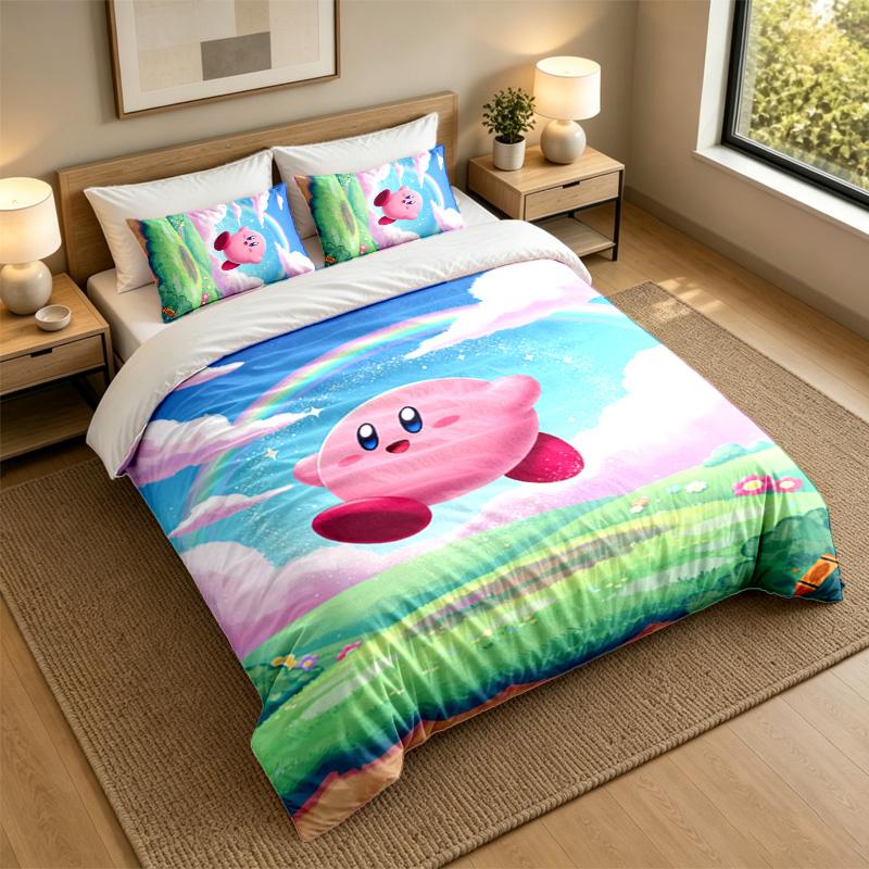 Soft Bedding Set Kirby Pattern, 1 Duvet Cover Plus 2 Pillowcases Stylish Bedroom Home Textile