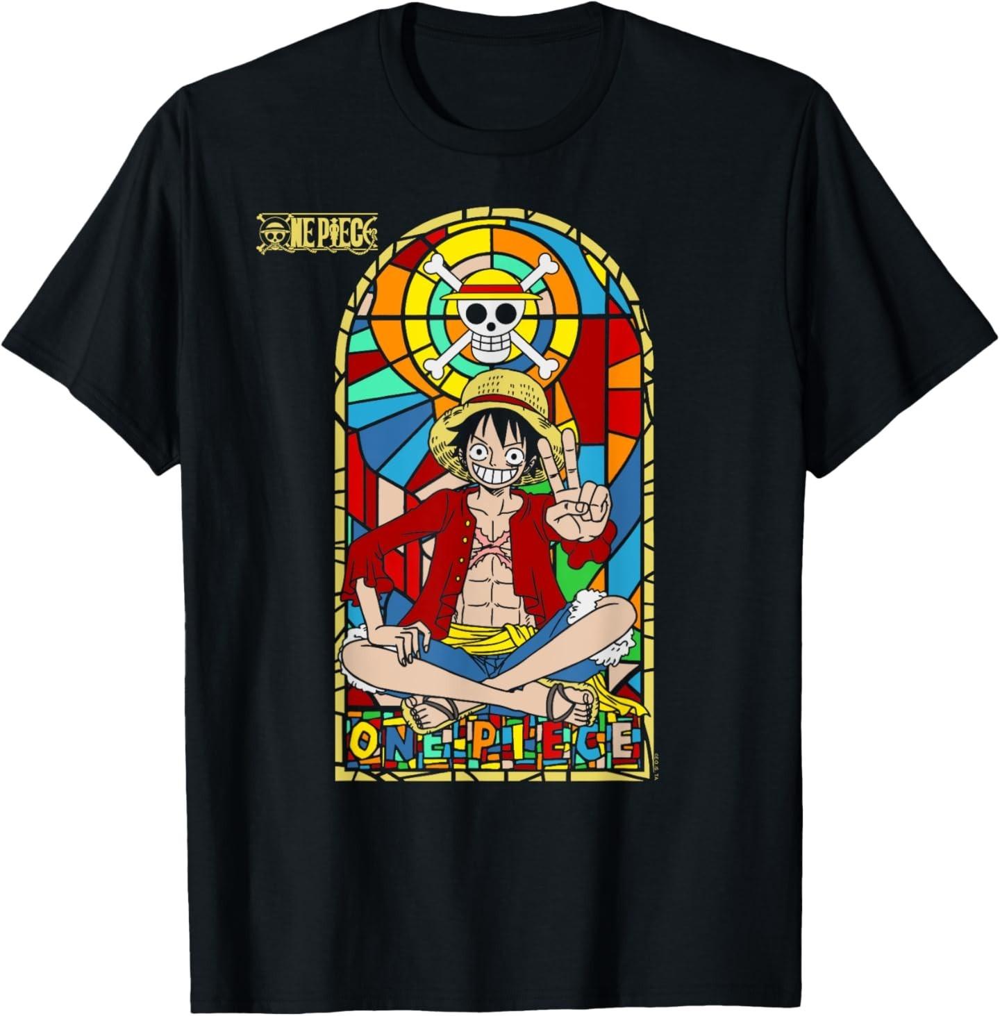 Anime Monkey D. Luffy Stained Glass Window T-Shirt Mens Womens Tees Top 3XL