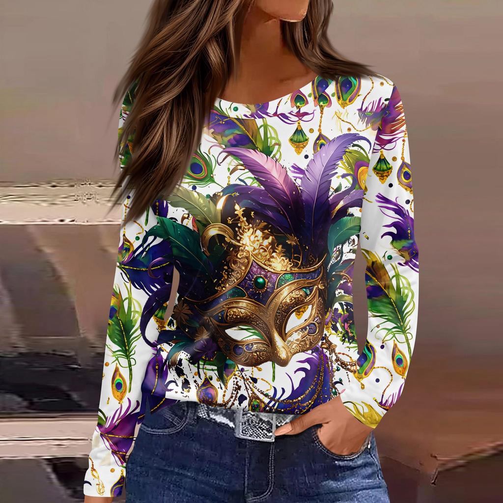 Women's Fashion Casual Slit Hem Round Neck Long Sleeve Loose Printed T-Shirt Top
