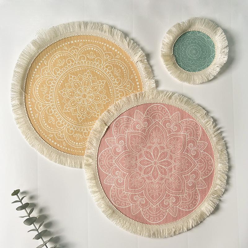 Bohemian Cotton Thread Placemat Nordic Fabric Woven Round Mat Home Kitchen Heat Insulation Anti-scald Mat Tassel Table Coaster