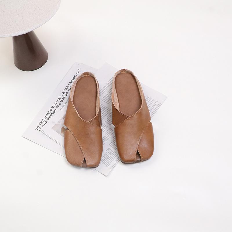 Johnature Papuci cu degetul pătrat din piele naturală Pantofi pentru femei Pantofi casual pentru exterior Pantofi confort papuci