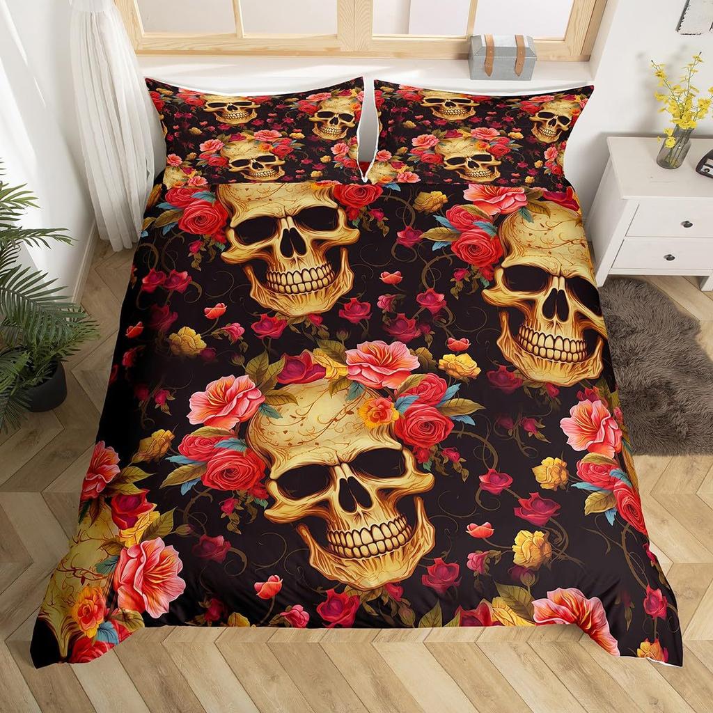 Gothic Skull Duvet Cover Set Queen Size Black And White Skull Bedding Set For Boys Teens Men Retro Floral Comforter Covers Set