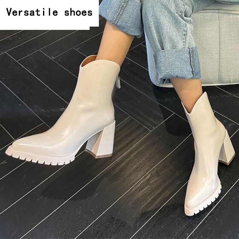 Pointed Toe High Heels Women Chelsea Ankle Boots Leather Shoes  Winter New Retro Snow Boots Goth Gladiator Pumps Botas Mujer