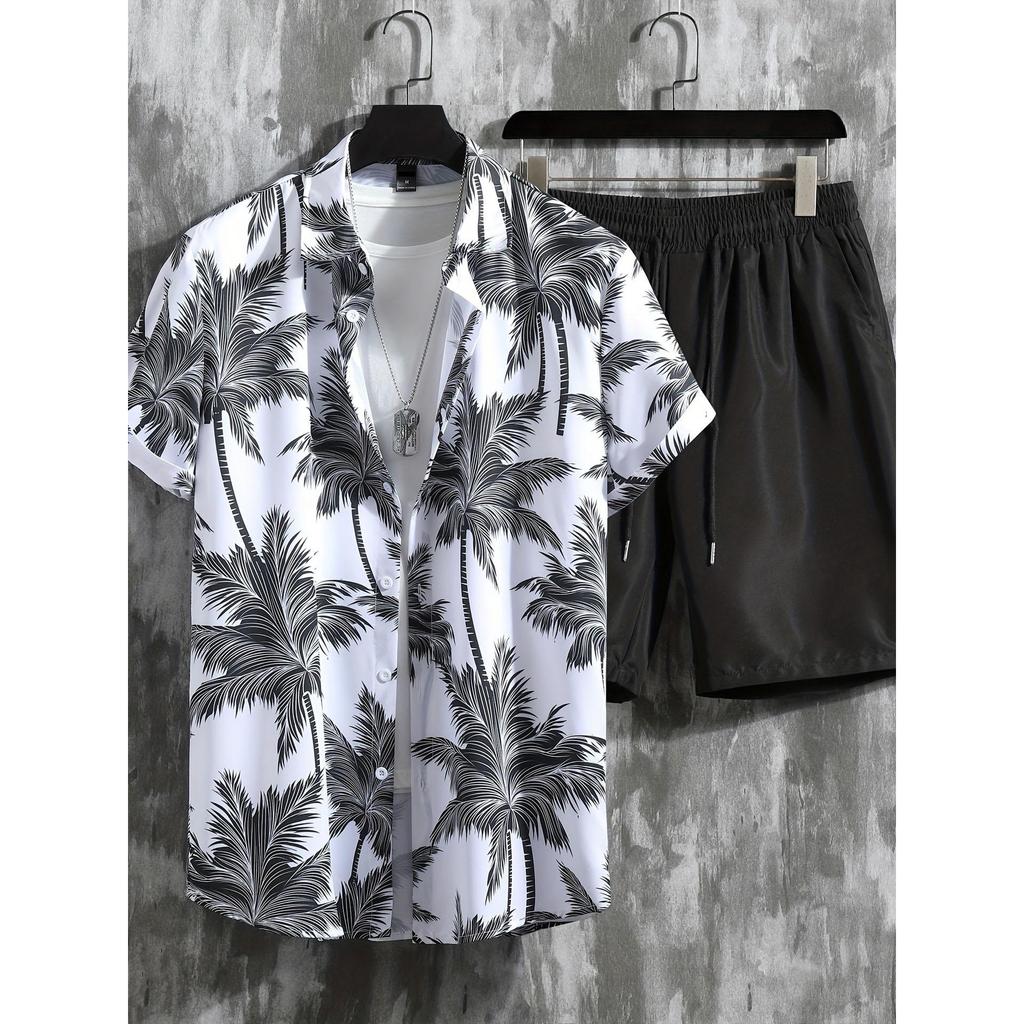 Set da uomo a maniche corte e pantaloncini da spiaggia con stampa albero di cocco Estate Quotidiano Camicia casual da uomo e pantaloni da spiaggia