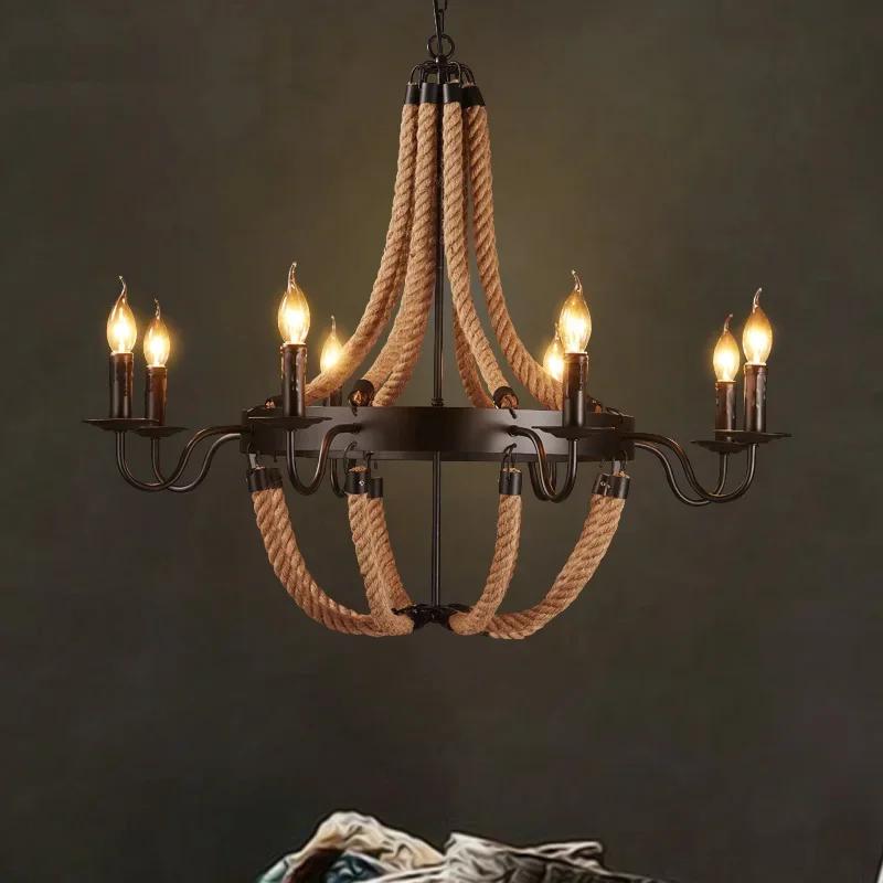 American countryside retro chandelier attic candle hemp rope lamp rope bar coffee forged iron home decoration lighting fixture