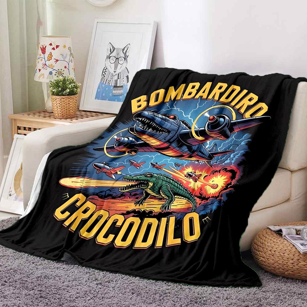 1Pc Bombardier Crocodile Adventure Flannel Blanket, Soft And Comfortable, Casual Warm, Camping Travel, Christmas, Halloween Xmas Gift L1432