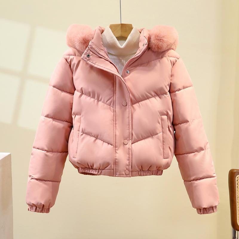 

Новое зимнее хлопковое пальто для женщин, короткое, модное, с большим меховым воротником, хлопковое пальто свободного кроя в корейском стиле, утолщенная однотонная куртка с капюшоном XXL