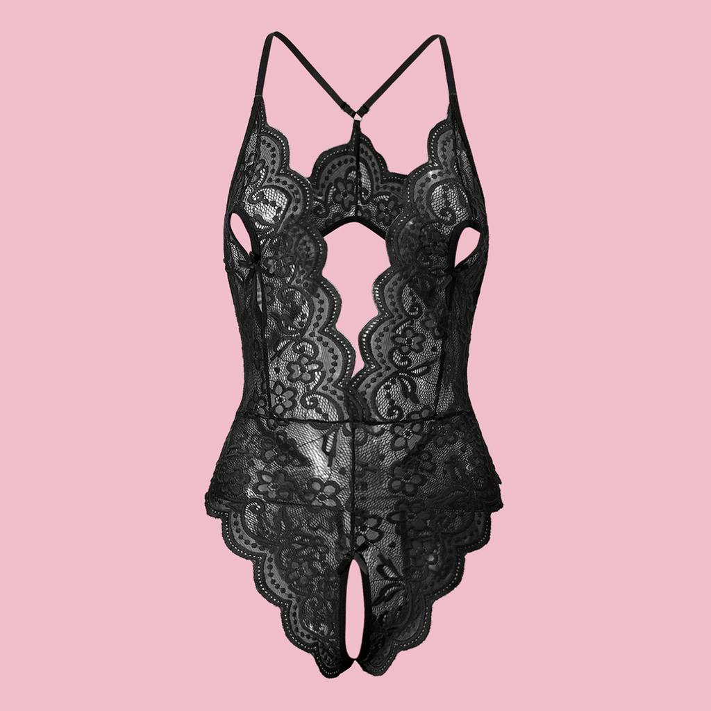 Women's Hollow Combination Bodysuit Slim Tights Erotic Costumes Lace Patchwork Open Bra Sexy Lingerie Floral Pajama Transparent