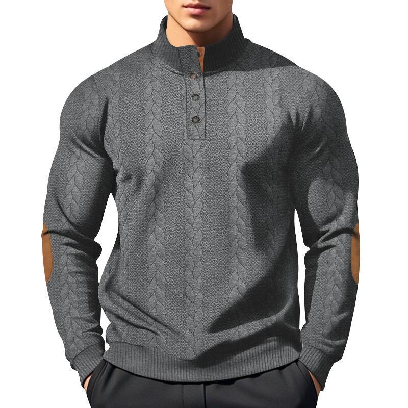 Jacquard Men's Button-Down Stand Collar Patchwork Henley Long-Sleeved Casual Sweatshirt