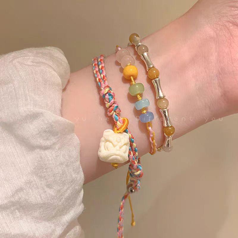 New Chinese Lion Dancing Bamboo Knitting Rope Hand Rope Female Niche Design High-End Beaded Bracelet Student Girlfriend Jewelry