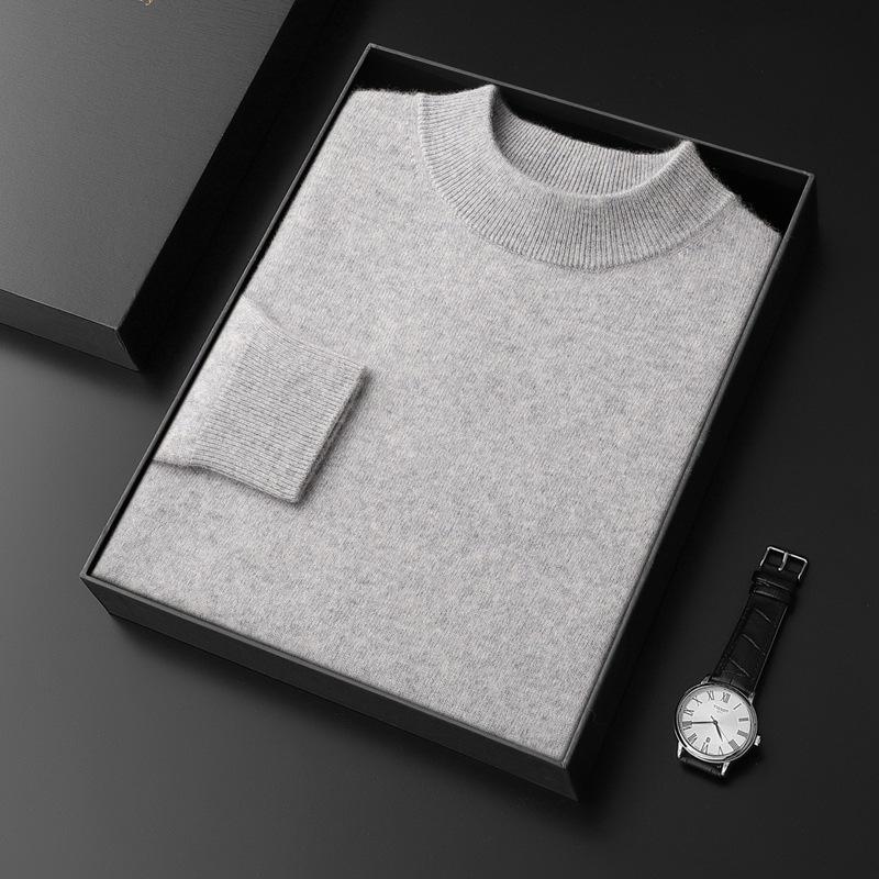 Men's Seamless Cashmere Sweater, Half-High Collar, Solid Color, Loose Fit, Plus Size, Base Layer for Autumn and Winter.