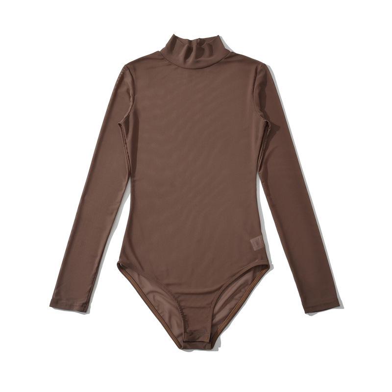 European Style Sexy Sheer High Neck Long Sleeve Bodysuit Large кофейный