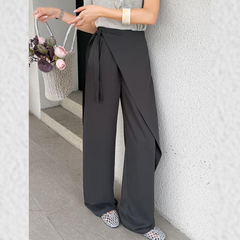 Bailuyu Women s Asymmetric Tie-Waist Straight Leg Pants S