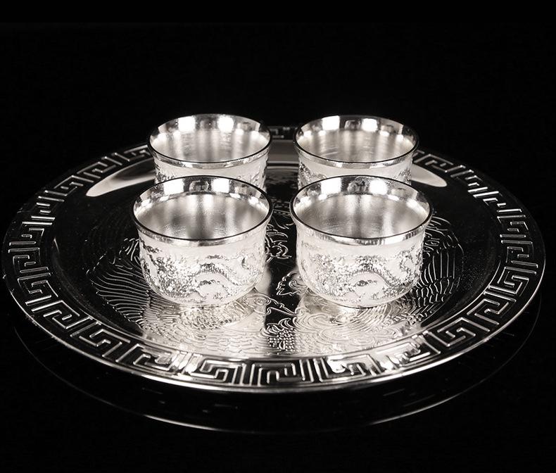 Dragon & Phoenix Sterling Silver Tea & Wine Set: 1 Plate, 1 Pot, 4 Cups in Chinese Gift Box