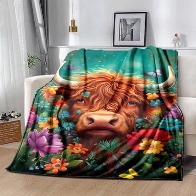 1pc Highland Cow Printing Lightweight Flannel Blanket, Comfortable and Warm Blanket, for Camping Sofa Bed and Couch Office, In All Seasons