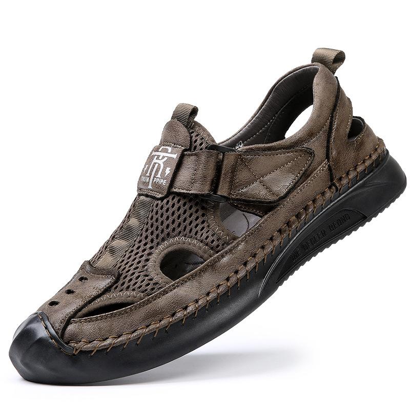 

Кожаные сандалии Мужские кожаные туфли с отверстием для головы, нескользящие и дышащие, с одной педалью, для заброда 44 хаки