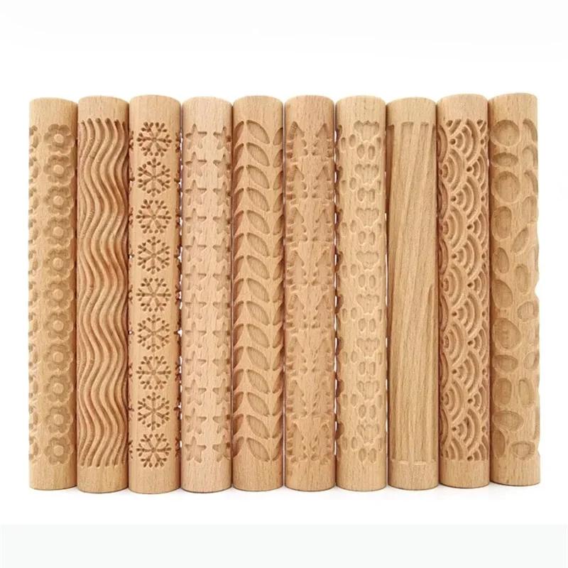 1PC Wooden Texture Rolling Pin Ceramic Pottery Art Embossed Rod Flower Pattern Mud Roll Roll Reliefs Clay Tools Stone DIY Baking
