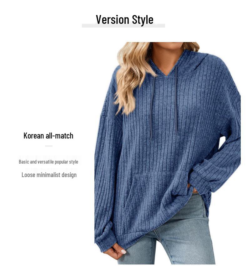 Women's Solid Color Ribbed Hooded Sweatshirt - Long Sleeve, Brushed, Autumn/Winter 2025 Collection