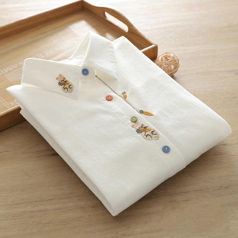 Women's Spring Embroidered Rabbit Radish White Blouse with Long Sleeves