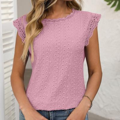 Women's Solid Color Lace Shirt Hollow Out Short Sleeve Shirt Summer Casual T-Shirt