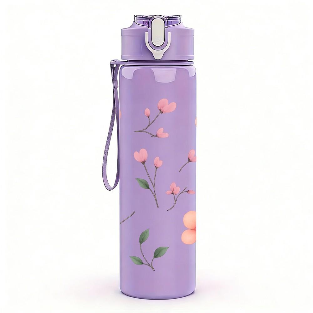 1PC Simple Pink Flower Pattern 750ml Color Plastic Sports Water Bottle Leakproof Flip Straw Lid Suitable for Sports Office Home Use