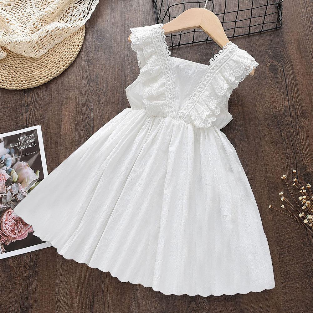 Girls Summer White Lace Princess Dress Thin Sleeveless Vest Dress Baby Stylish Hem Skirt