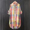 Cotton and linen shirt jacket women's summer thin sunscreen shirt medium and long long-sleeved top loose plaid shirt