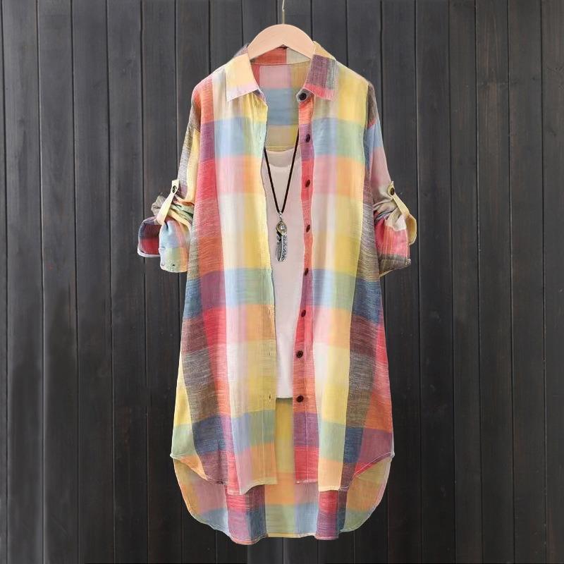 Cotton and linen shirt jacket women's summer thin sunscreen shirt medium and long long-sleeved top loose plaid shirt