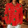 Women's Casual Christmas Print Button Down Long Sleeve Collared Blouse with Double Side Slit Hem
