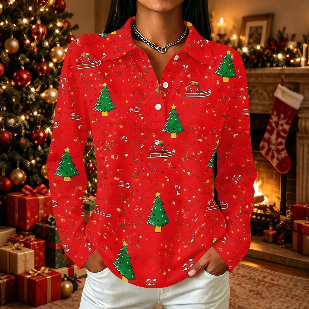 Women's Casual Christmas Print Button Down Long Sleeve Collared Blouse with Double Side Slit Hem
