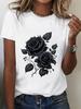 Women's Black Rose Floral Print Breathable Stretchy Round Casual Casual Attire & Sports Women's Harajuku Short Sleeve Casual