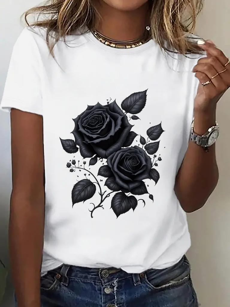 Women's Black Rose Floral Print Breathable Stretchy Round Casual Casual Attire & Sports Women's Harajuku Short Sleeve Casual