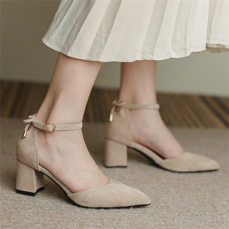 Fashion Women Pumps Chunky High Heels Shoes Summer Pointed Toe Suede Sandals Luxury Party Dresses Sexy Women Shoes Female Office Shoes