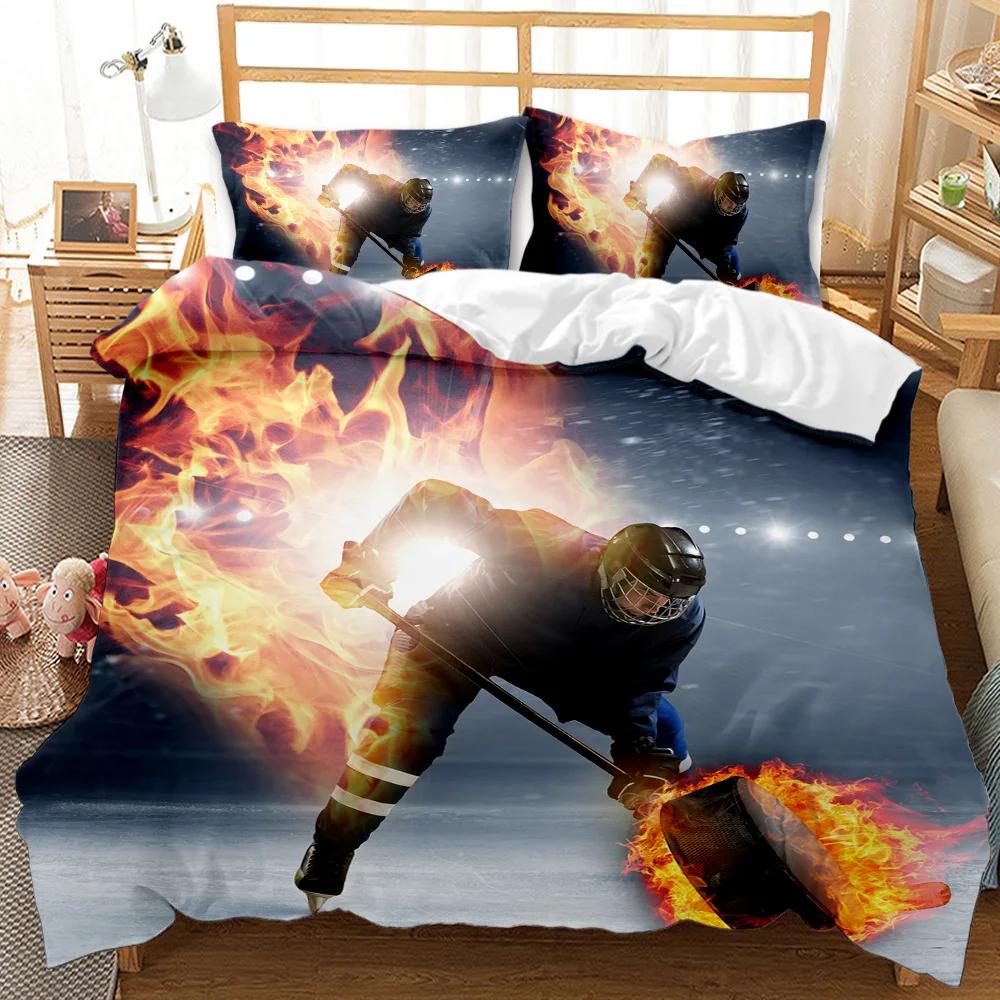 Ice Hockey Duvet Cover Set Twin Hockey Sport Player Bedding Set Winter Extreme Sport Game Polyester Comforter Cover Set King