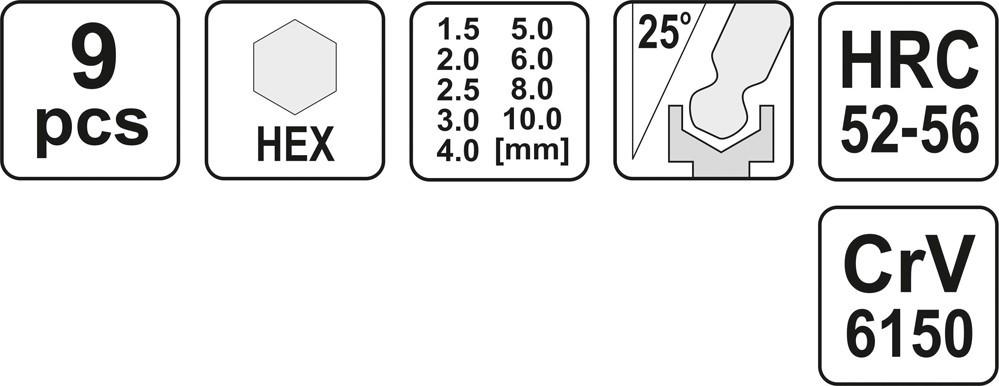 Hexagon Allen Keys, Ball 1.5-10, 9 Pcs YT-0505 YATO