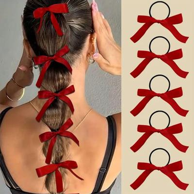 5Pcs Red Bow Hair Ties Ribbon Hair Elastics Hair Accessories for Women Girls Ponytail Holders for Daily Party