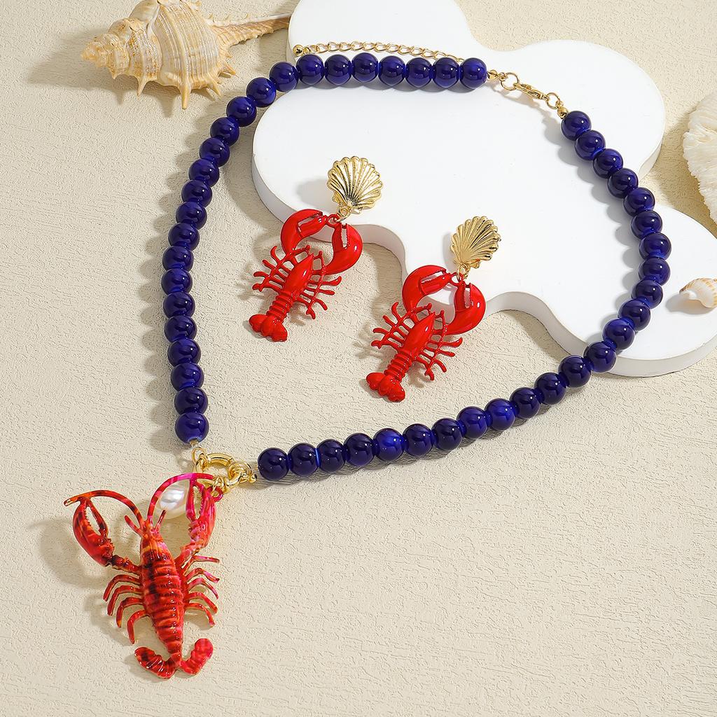New Bohemia Lobster Pendant Necklace for Women Summer Creative Sea Animal Crystal Beaded Necklace Beach Vacation Jewelry Gift