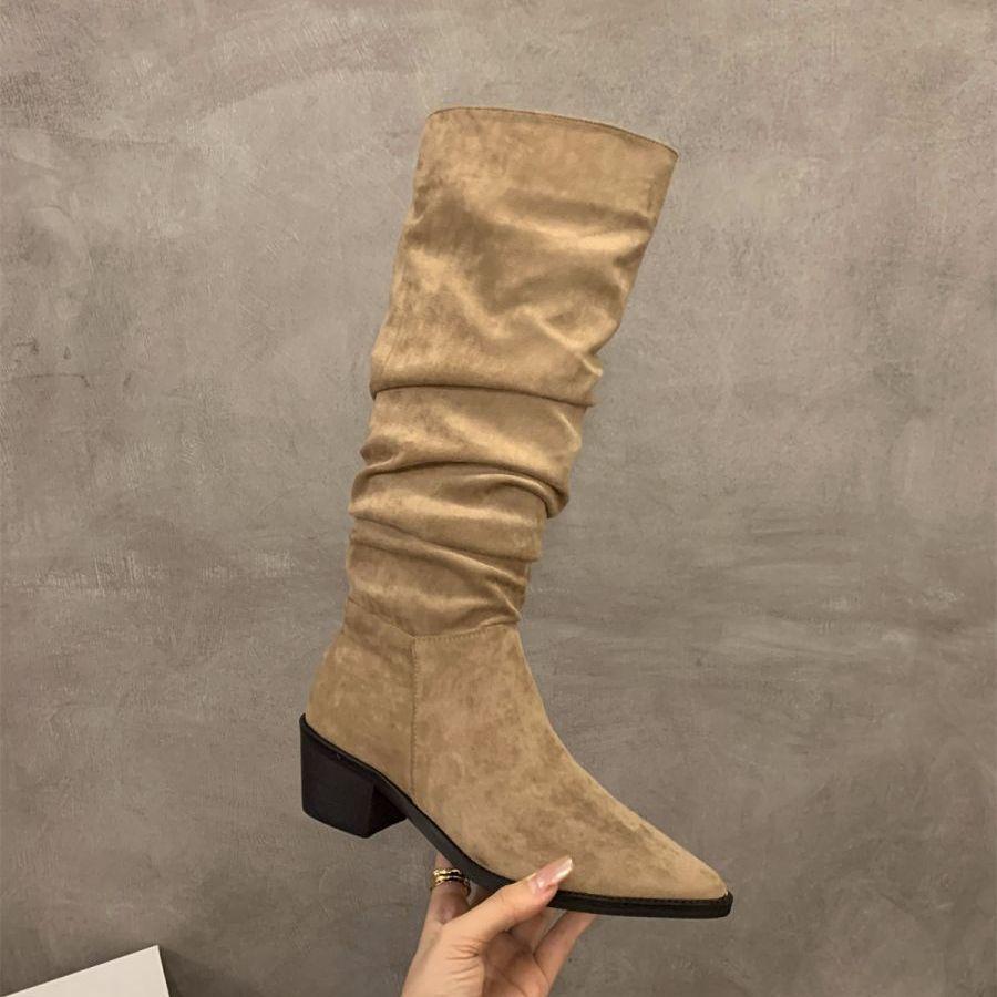 Pointed high-heeled khaki stacking boots women's shoes 2025 new spring and autumn winter thin long knight boots