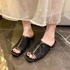 Fashion Transparent Midheel Slippers for Women Fashion Square Head Lace Mesh Set Foot Anti-slip Wear-resistant Sandals