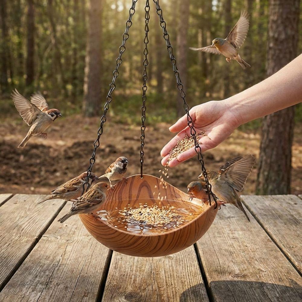 Retro Style Wood Grain Bird Feeders Thickened Iron Chains Open Bowl-shaped Hanging Bird Bath S Hooks Plastic