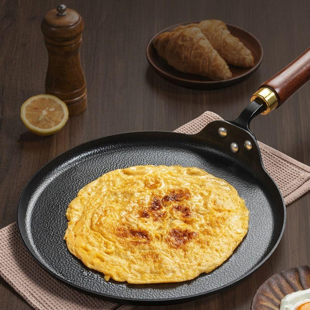 Durable Uncoated Cast Iron Frying Pan Wood Handle Universal Non-stick Pan Thickened Crepe Maker Stove Top