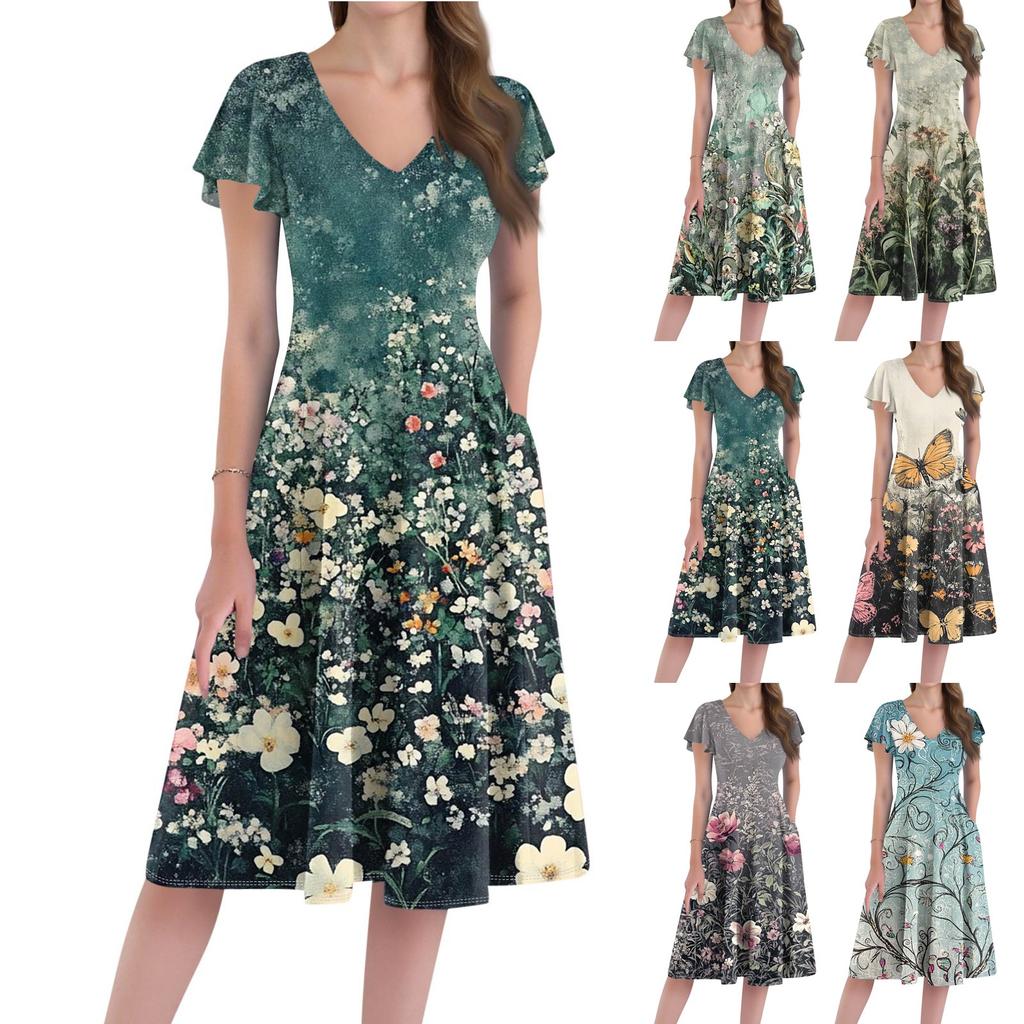 Women's Loose Casual And Fashionable V-Neck Short Sleeved Print Mid Length Dress