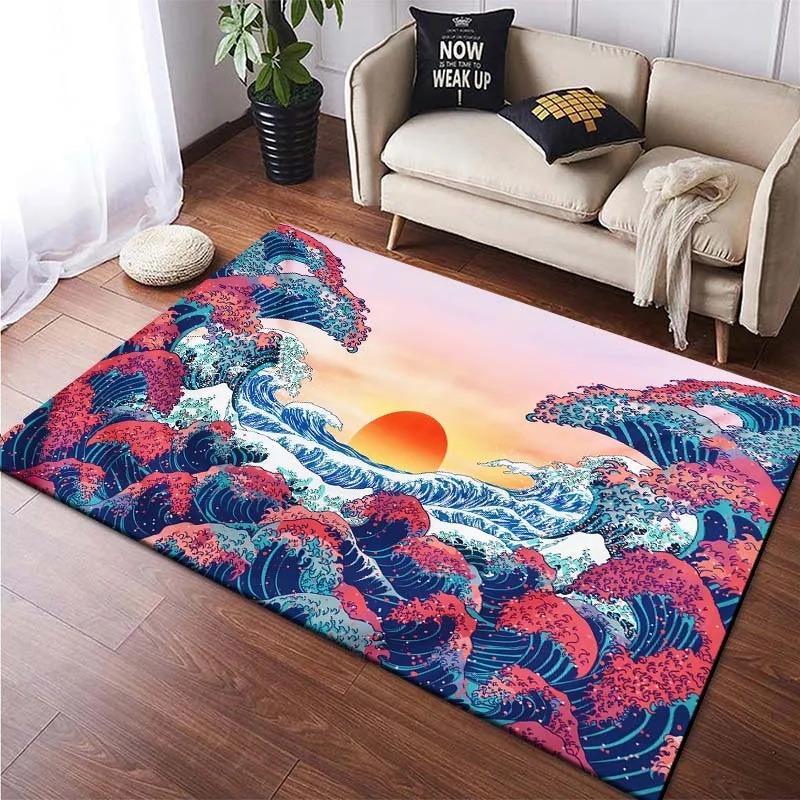 Japanische Wellenbilder Künstlerische Teppiche für Schlafzimmer Lustige Fußmatten Teppiche für Wohnzimmer Jungen Mädchen Kinderzimmer Heimdeko Teppich