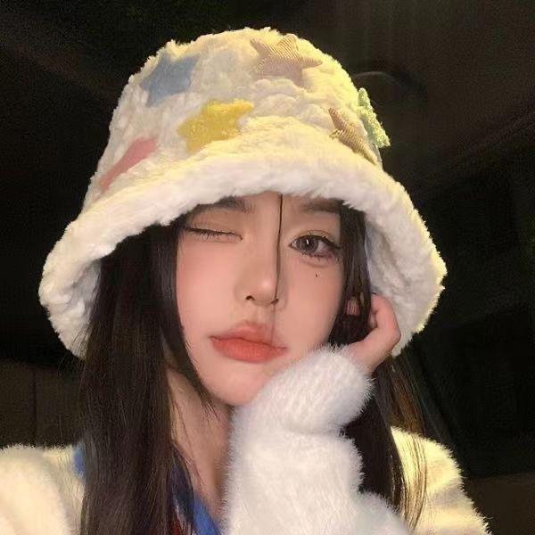 Women's Autumn and Winter New White Star Hat Thickened Ear Protector Winter Fluffy Widened Fluffy Cute Bucket Hat