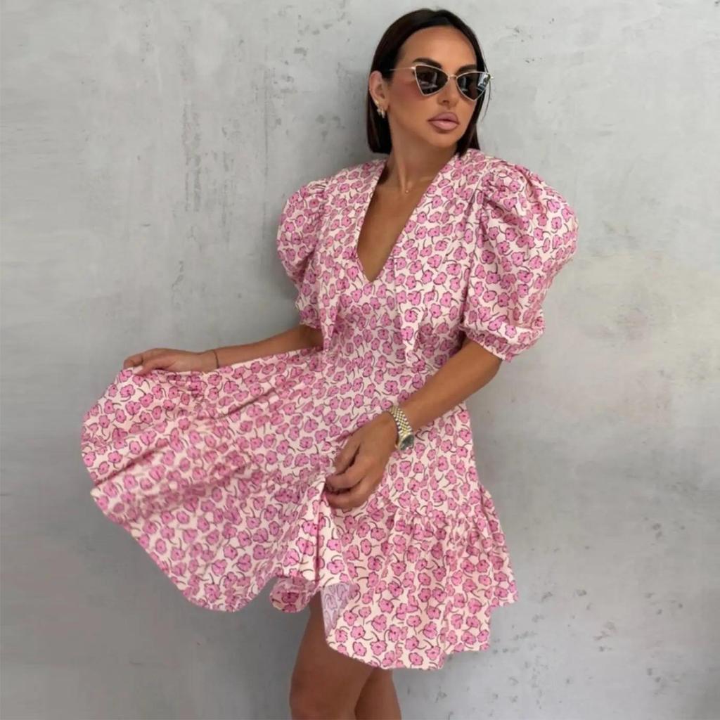 European and American Women's Clothing 2026 Summer New Sweet Vacation Wind Bubble Sleeves Deep V Ruffle Floral Dress