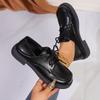 Fashion Med Heel Round Toe Pu Leather Pumps Women Retro Thick Sole Lace Single Shoes Woman Big Size Shallow Mouth Loafers Mujer