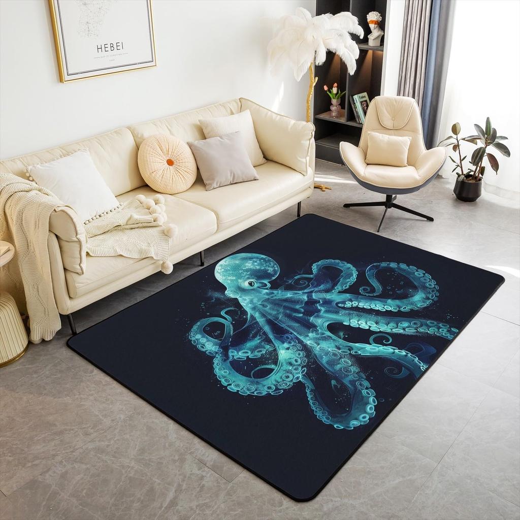 Ocean Themed Living Room Rugs for Bedroom Area Rug Octopus Decor Carpet for Boys Girls Teens Tentacles Indoor Floor Mat Black