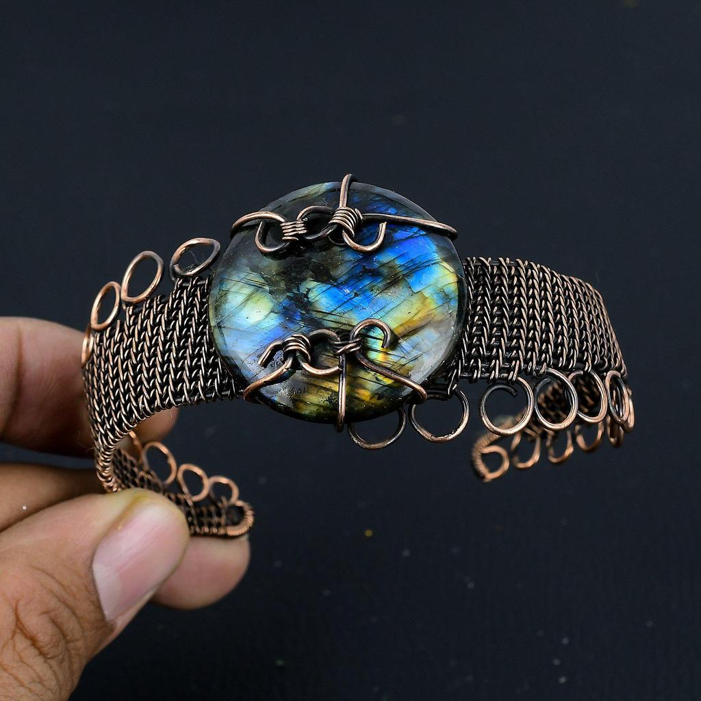 Labradorite Bangle, 999 Copper Wire Wrapped Jewelry, Gemstone Bangle, Gift For Her Handmade Dainty Jewelry