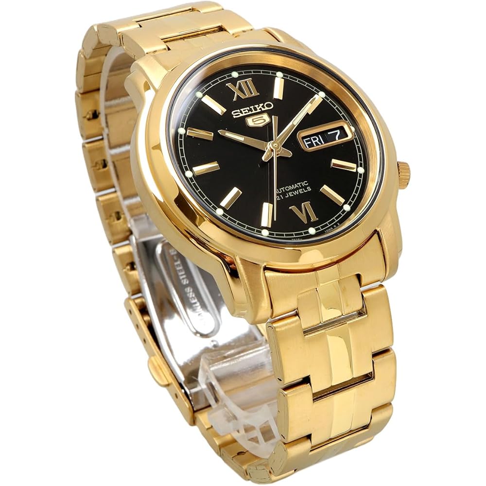 Seiko Five Automatic Men's Watch SNKK86K1 Gold Black Dial Stainless Steel 21 Jewels