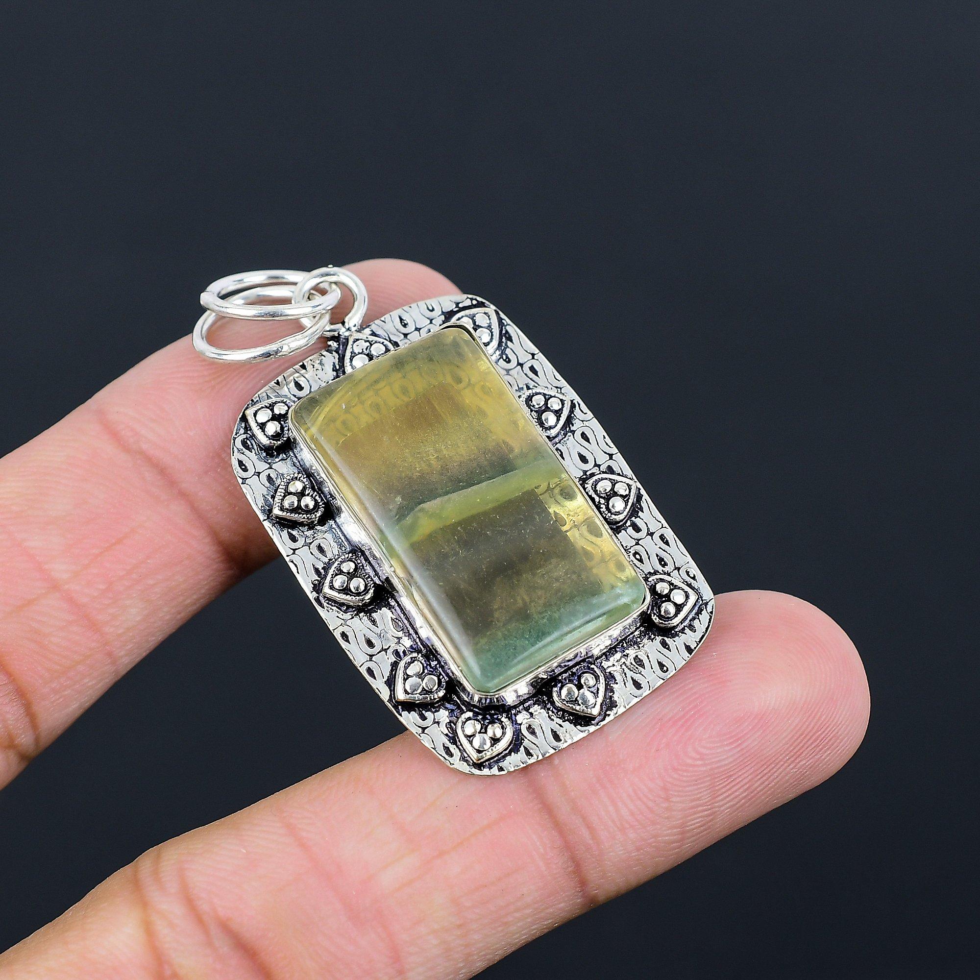 

Friendship Day Deal Green Fluorite Stone Sterling Silver Art Deco Bezel Pendant
